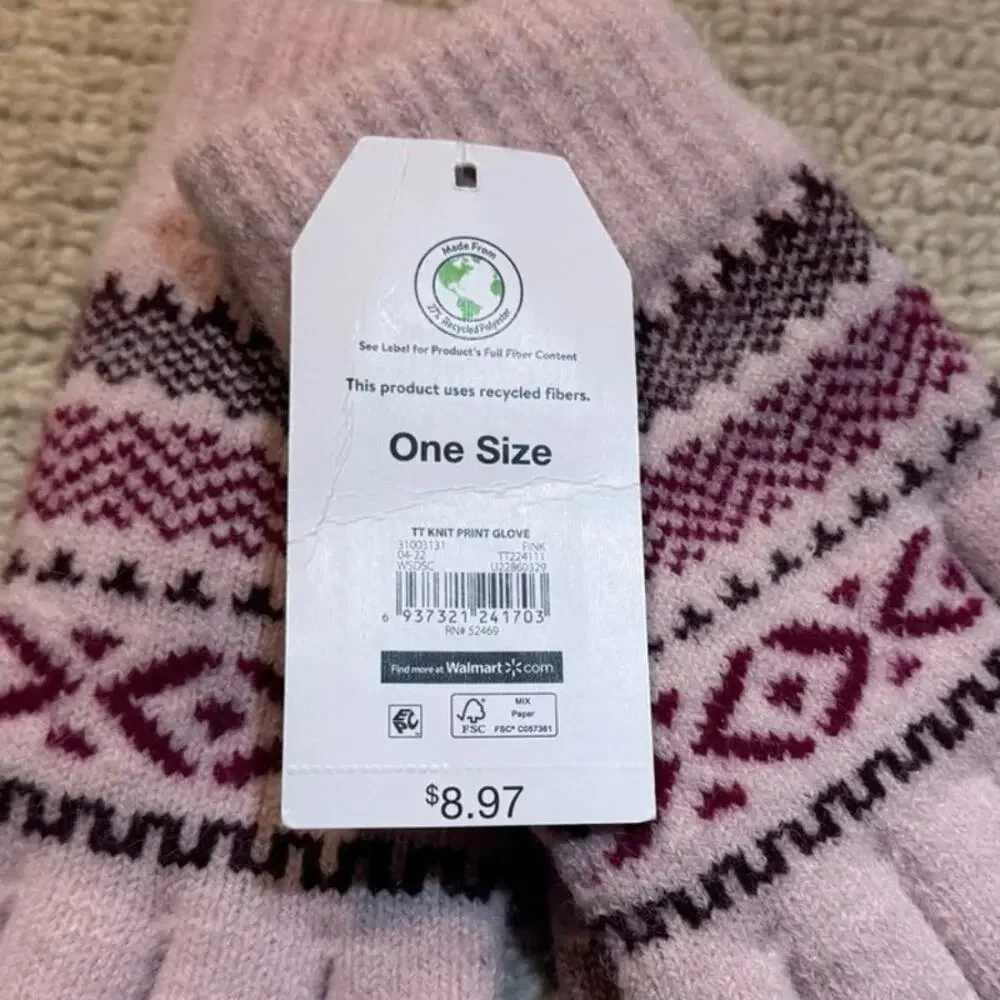 NWT Time and Tru Pink Fair Isle Knit Gloves Women One Size Touchscreen New